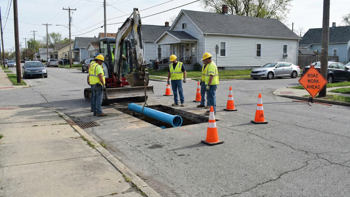 Workers installing a blue water pipe in a road trench with cones and an excavator