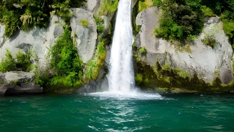 A waterfall flowing into a clear green pool surrounded by rock and vegetation